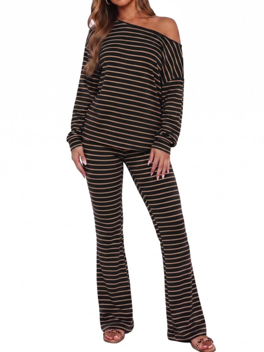 Women 2 Piece Outfits Striped Off Shoulder Long Sleeve Top Pants Set